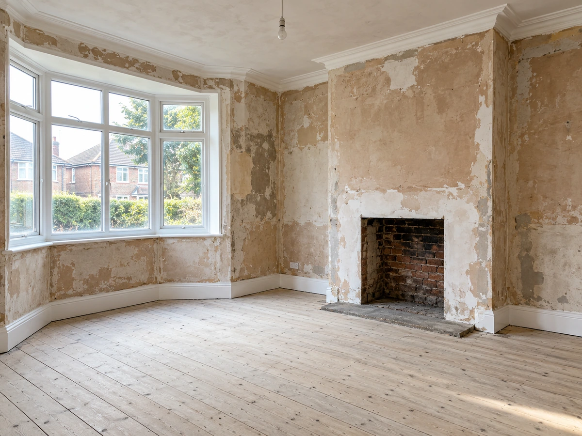 Bay-windowed room before plastering, with patchy, damaged wall plaster and an open fireplace