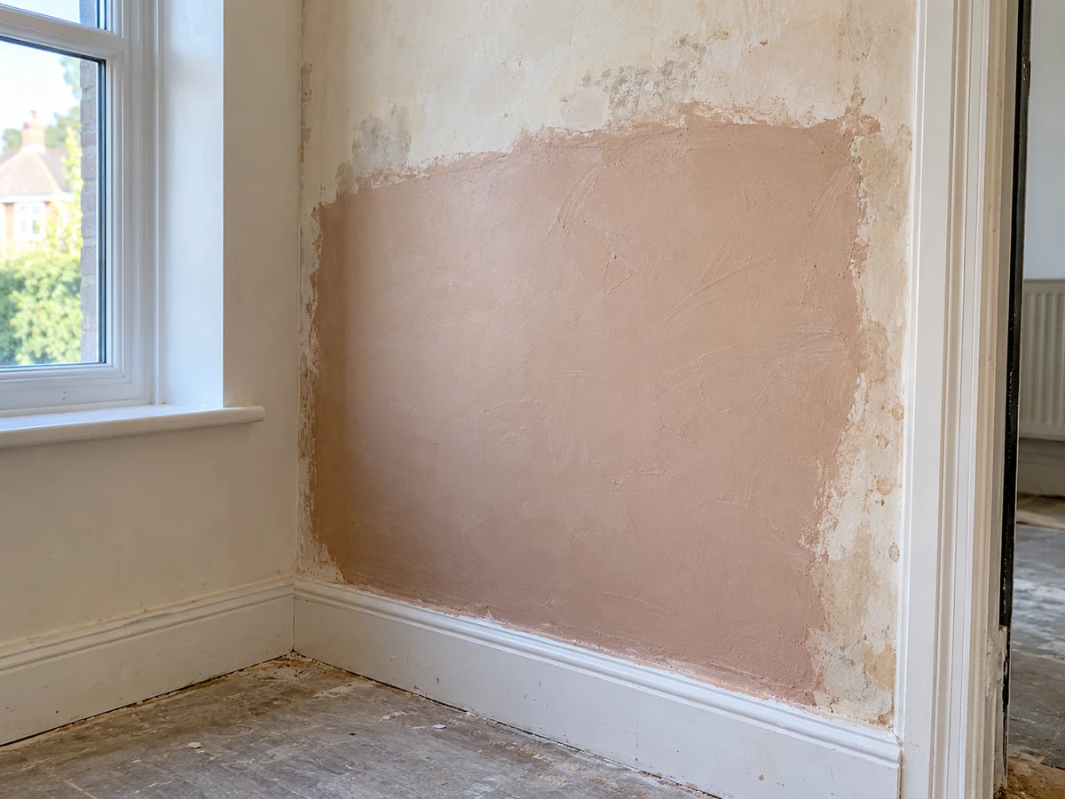 New plaster patch applied to a damaged wall beneath a window