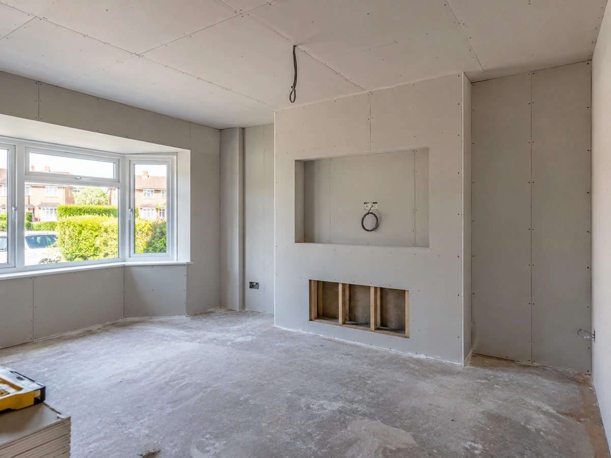 Room with newly fixed plasterboard to the walls, ceiling and chimney breast, ready for skim plastering